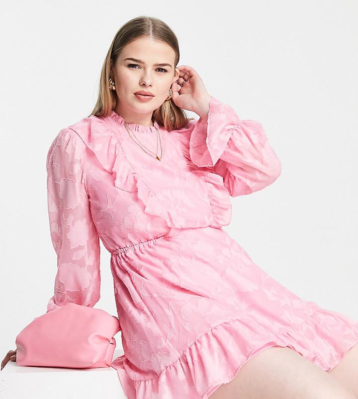 Twisted Wunder Plus Long Sleeve Mini Dress With Frill Detail In Pink