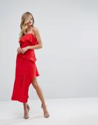 Dark Pink Asymmetric Ruffle Midi Dress - Red