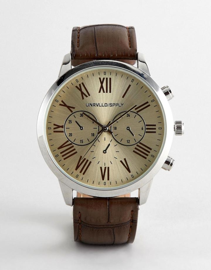 Asos Design Vintage Style Watch Crocodile Emboss Strap In Brown And Off White Dial - Brown