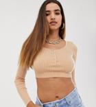 Missguided Knitted Crop Top In Beige - Pink