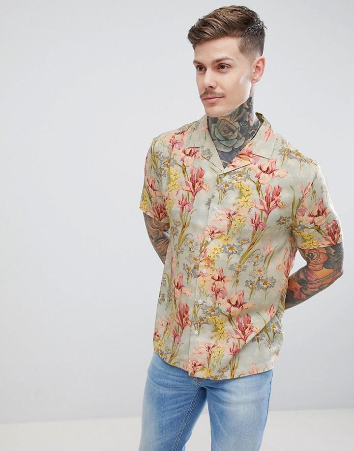 Asos Design Regular Fit Floral Shirt With Revere Collar - Green