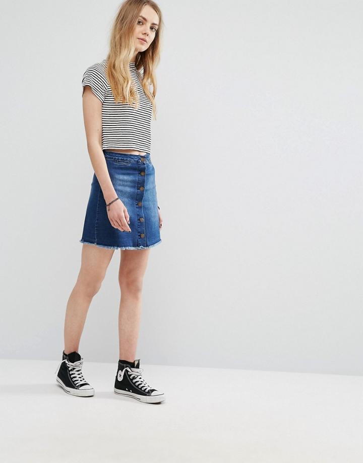 Brave Soul Denim Button Through Mini Skirt With Frayed Edge - Blue