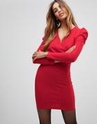 Parisian Wrap Front Dress With Volume Sleeve - Red