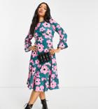 River Island Petite Floral Smock Midi Dress In Pink