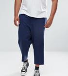 Asos Plus Drop Crotch Tapered Smart Pants In Navy Textured Linen Blend - Navy