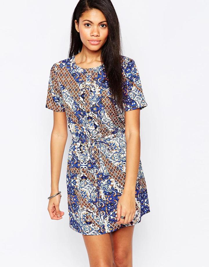 Influence Drawstring Waist Shift Dress In Azure Glass Print - Multi