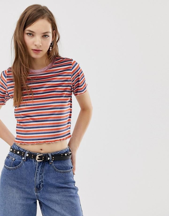 Asos Design Velvet Top In Stripe With Lettuce Hem - Multi