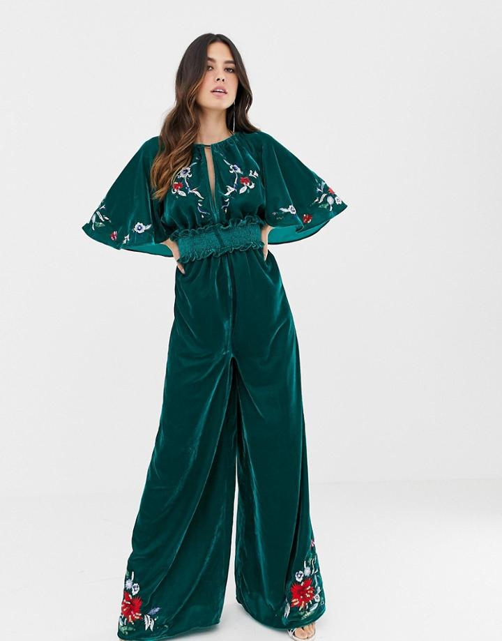 Asos Design Velvet Kimono Jumpsuit With Embroidery And Embellishment - Green