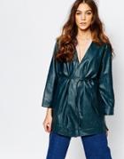Neon Rose Leather Look Wrap Jacket With Skinny Belt - Teal