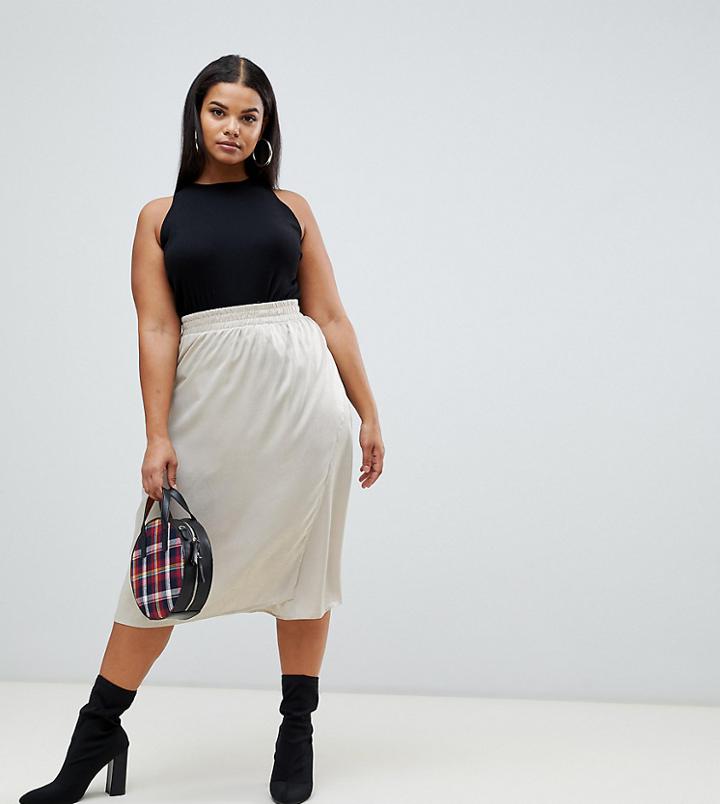 Boohoo Plus Crushed Satin Midi Skirt In Silver - Gray