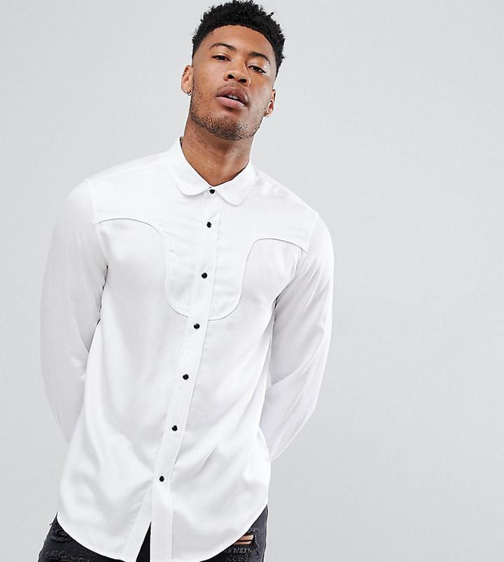 Asos Design Tall Regular Fit Western Viscose Shirt In White With Black Poppers - White