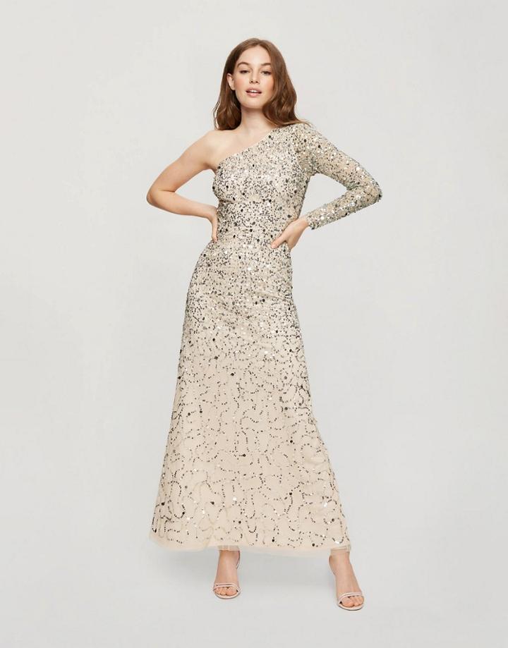 Miss Selfridge Maxi One Shoulder Dress With Gold Embellishment-neutral