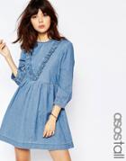 Asos Tall Denim Smock Dress With Ruffle Detail In Mid Blue - Blue