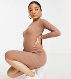 Flounce Petite Button Trim Ribbed Midi Dress In Taupe-neutral