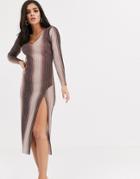 Asos Design Long Sleeve V-neck Glitter Ombre Midi Dress With Thigh Split-brown
