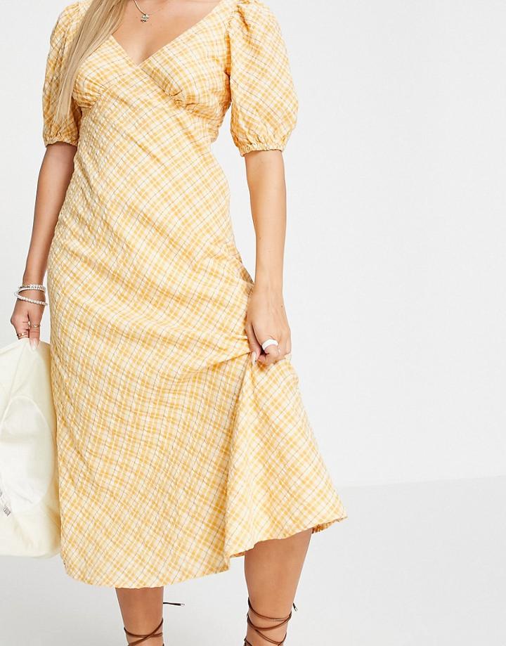 New Look Puff Sleeve Midi Tea Dress In Yellow Plaid