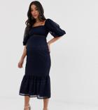 Asos Design Maternity Lace Puff Sleeve Pephem Dress-navy