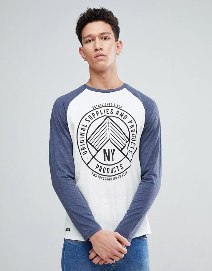 Threadbare Raglan Contrast Print Long Sleeve Top - Navy