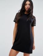 Asos T-shirt Dress With Lace Raglan Sleeve - Black