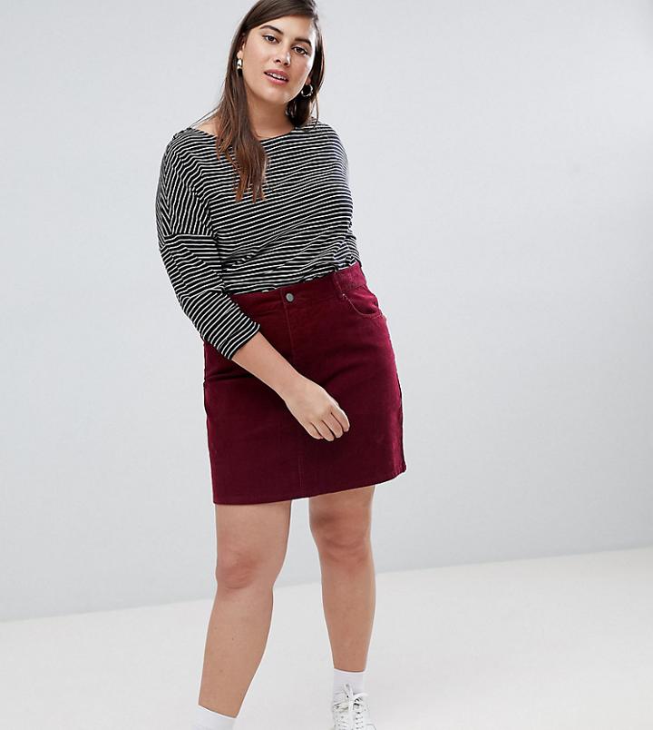 Asos Design Curve Cord Original Skirt In Berry - Red