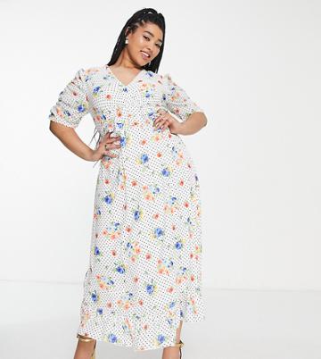 Twisted Wunder Plus Puff Sleeve Maxi Dress In Spot Floral-multi