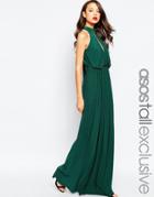 Asos Tall Halter Plunge Maxi Dress With Embellished Waist - Navy
