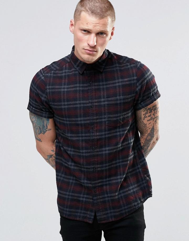 Asos Check Shirt With Pigment Dye In Short Sleeve In Regular Fit - Gray