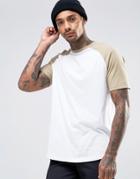 Asos Longline T-shirt With Contrast Raglan Sleeves And Curved Hem In White/beige - White