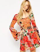 Asos 70's Swing Dress With Flared Sleeves In Mixed Paisley - Print