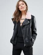 Goldie Ride To Me Pu Leather Jacket With Pastel Pink Fur Collar - Black