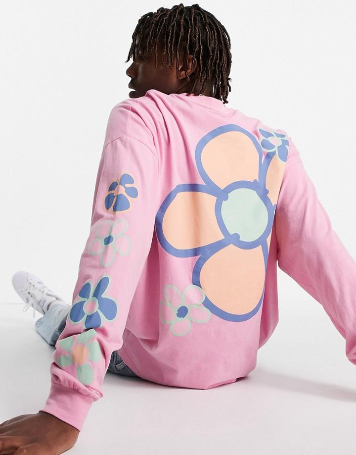 Asos Daysocial Oversized Long Sleeve T-shirt With Multi Placement Graphic Flower Prints In Purple