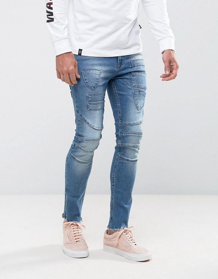 Asos Super Skinny Jeans In Mid Wash Blue Biker With Hem Detail And Patches - Blue