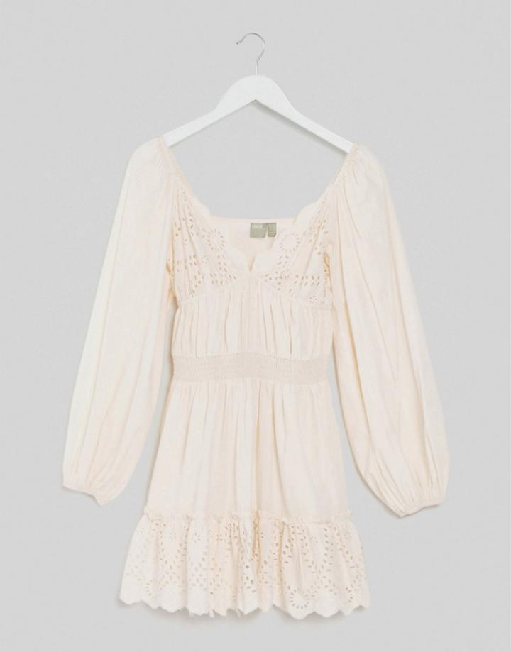 Asos Design Sweetheart Broderie Mini Dress With Elasticated Waist And Long Sleeves In Cream-white
