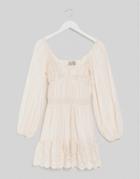 Asos Design Sweetheart Broderie Mini Dress With Elasticated Waist And Long Sleeves In Cream-white