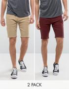 Asos 2 Pack Skinny Denim Shorts In Burgundy And Stone Save - Multi