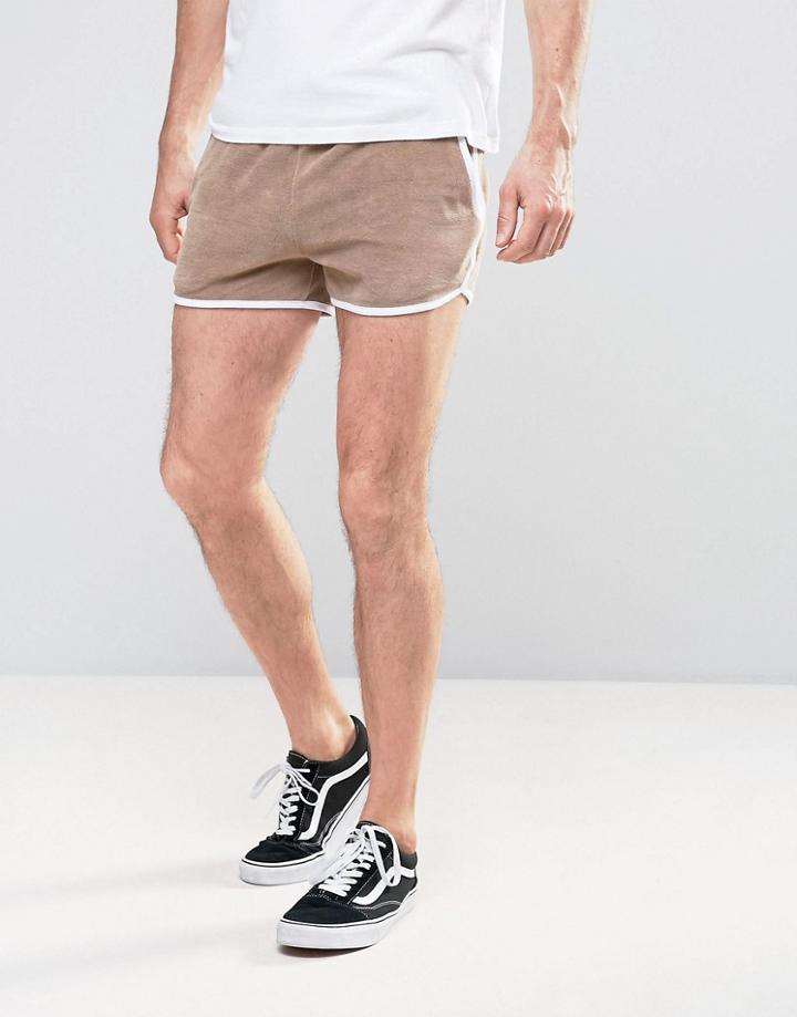 Asos Runner Shorts In Beige Velour - Beige
