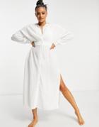 Asos Design Button Front Maxi Beach Shirt Dress In Texture-white