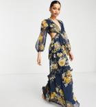 Asos Design Petite Long Sleeve Maxi Dress With Open Back And Crochet Trim In Floral Print-multi