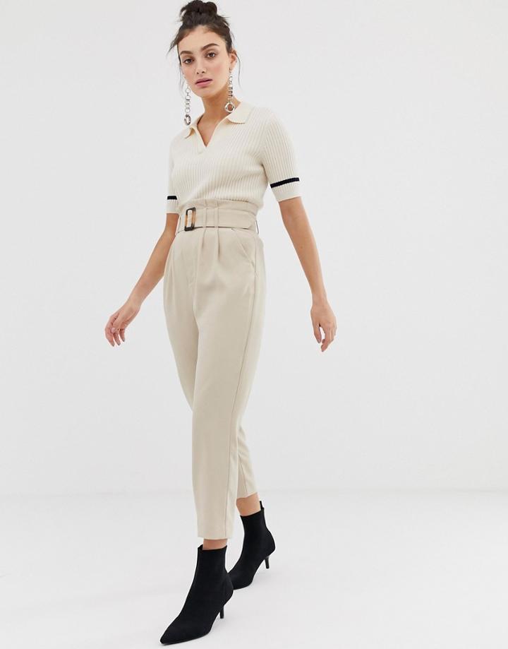 Stradivarius Belted Pants In Beige - Beige