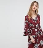 Parisian Petite Floral Dress With Flare Sleeve And Tie Waist - Red