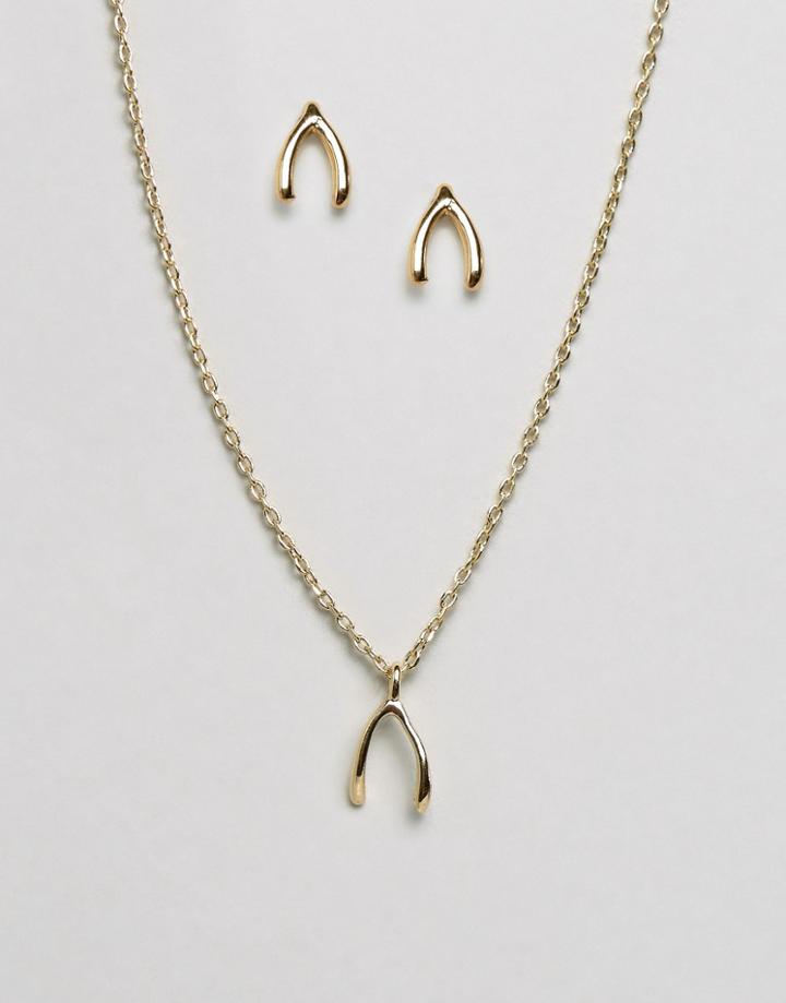 Orelia Wish Bone Gifting Necklace And Earring Set - Gold