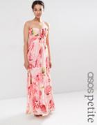 Asos Petite Wedding Floral Printed Rouched Bandeau Mesh Maxi Dress - Multi