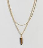 Uncommon Souls Multi Row Necklace With Tigers Eye Pendant - Gold