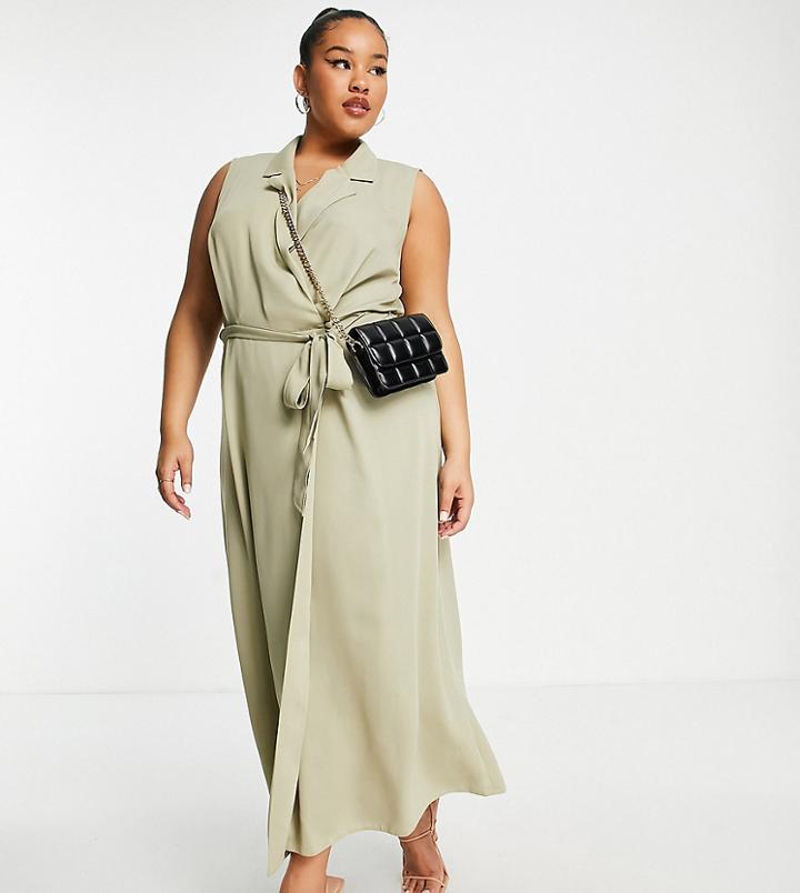 Asos Design Curve Tie Front Sleeveless Collared Wrap Midi Dress In Sage Green