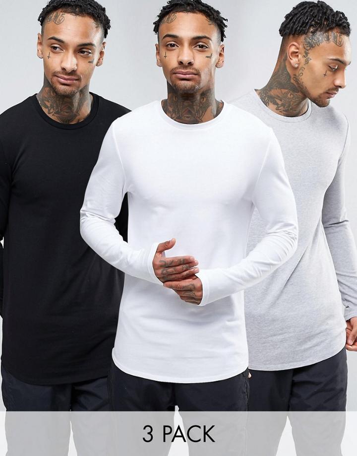 Asos 3 Pack Long Sleeve Longline Muscle T-shirt In White/black/gray Marl With Curved Hem Save - Multi