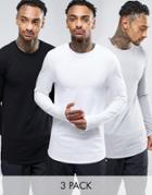 Asos 3 Pack Long Sleeve Longline Muscle T-shirt In White/black/gray Marl With Curved Hem Save - Multi
