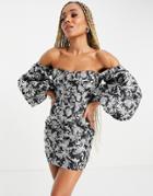 Asos Design Super Sleeve Corseted Mini Dress In Silver & Black Jacquard-multi