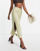 River Island Satin Bias Tie Waist Maxi Skirt In Khaki-green