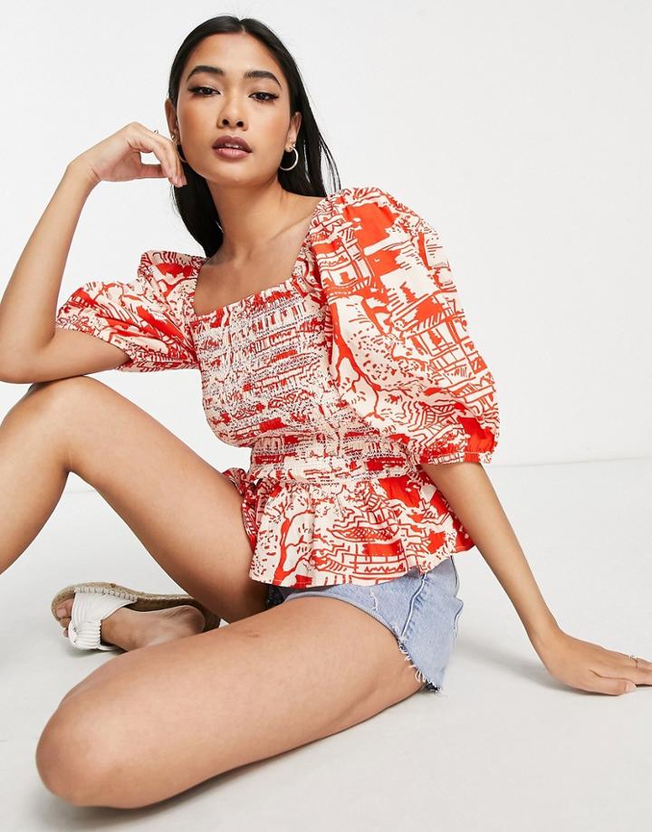 River Island Shirred Puff Sleeve Print Blouse In Red