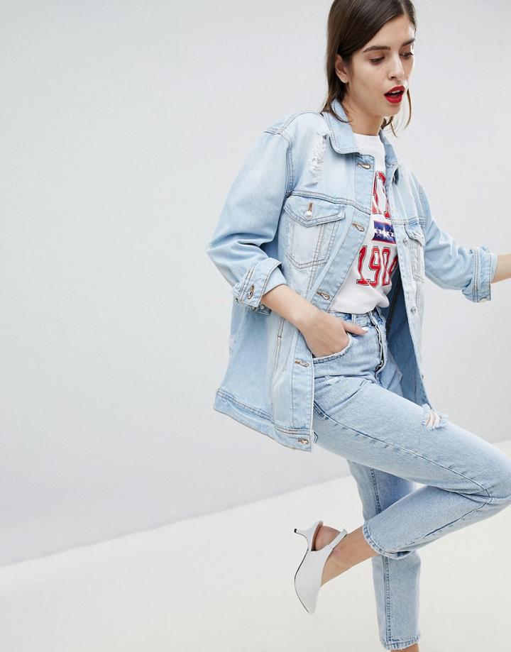 Stradivarius Oversized Ripped Denim Jacket - Blue